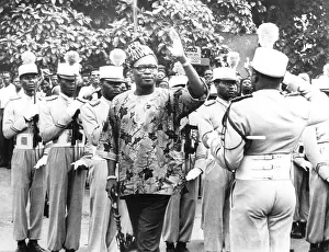 Toque Prints: President Joseph Mobutu of the Congo before addressing the Corps of Volunteers of the Republic
