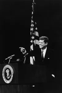 Press Conference Prints: President Kennedy pointing to a reporter during a Press conference. 1961-1963
