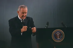 Hand Gestures Prints: President Lyndon Johnson in an emphatic gesture during a nationally televised press conference