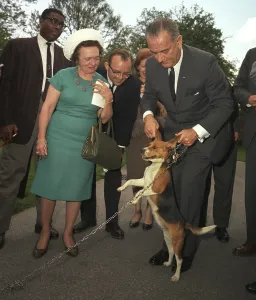 Journalists Prints: President Lyndon Johnson holds his beagle up by the ears as members of the press look