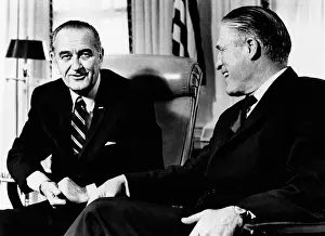 President Lyndon Johnson meeting with George Romney. LBJ met with the HUD Secretary-designate George Romney to ease the transition to the Richard Nixon Administration. Jan