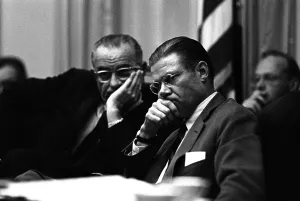 Images Dated 7th March 2012: President Lyndon Johnson, and Robert McNamara in a meeting on Vietnam. July 27, 1965