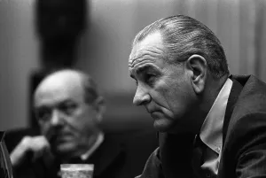 Images Dated 7th March 2012: President Lyndon Johnson and Secretary of State Dean Rusk at a meeting in the Cabinet Room