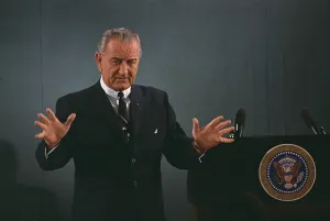 Images Dated 6th March 2012: President Lyndon Johnson speaks during a nationally televised press conference