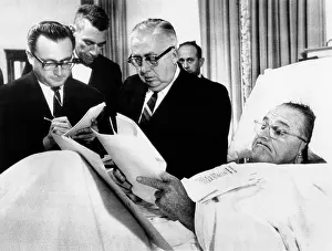 Surgery Prints: President Lyndon Johnson working in bed after gall bladder surgery