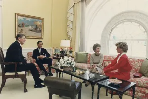First Ladies Prints: President and Nancy Reagan having tea with Prince Charles and Princess Diana in the White House Residence