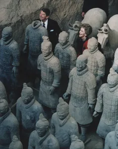 Conservatives Prints: President and Nancy Reagan standing with the Terra Cotta figures in Xi'an China the ancient capital of the first