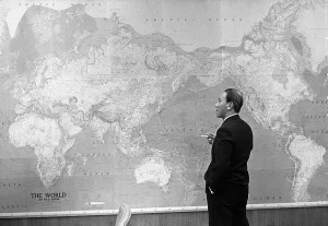 Proxy Wars Prints: President Nguyen Van Thieu of South Vietnam standing in front of world map