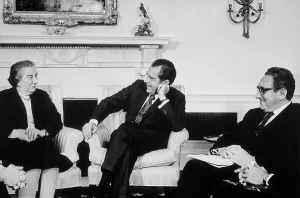 Israel Prints: President Nixon Henry Kissinger and Israeli Prime Minister Golda Meir meeting in the Oval Office