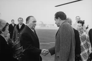 Supporters Prints: President Nixon shakes hands with Mayor Richard Daley on his arrival in Chicago Illinois