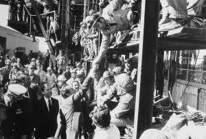 Hardhats Prints: President Nixon shaking hands with construction workers after speaking to National Steel