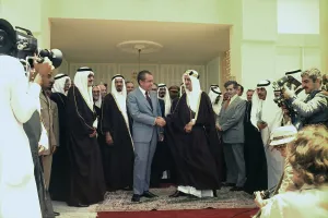 Prince Prints: President Nixon shaking hands with King Faisal following talks at Riasa Palace in Saudi Arabia
