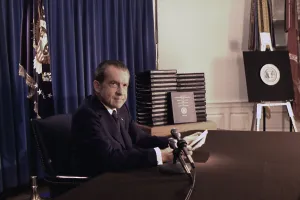 Conspiracy Prints: President Nixon before his televised address about releasing the transcripts of the White House tapes relating to