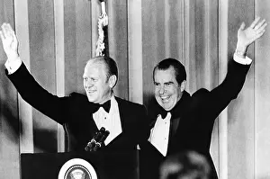 Impeachment Prints: President Nixon and Vice President Gerald Ford wave to GOP supporters at a $1