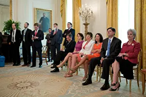 Valerie Prints: President Obama's staff listen as he broadcasts remarks about Supreme Court's ruling on Obama Care'