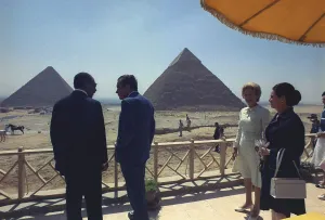 Wives Prints: President and Pat Nixon with Anwar and Jehan Sadat at the site of the great pyramids at Giza