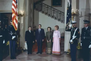 Dinners Prints: President and Pat Nixon pose with President and Elena Ceausescu before a state dinner in their honor