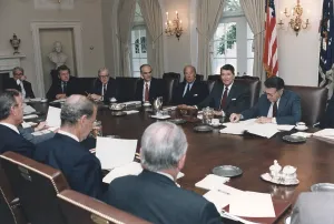 Second Term Prints: President Reagan leading a Cabinet meeting reviewing the Administration's proposed legislation for the Anti-Drug