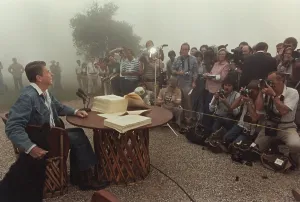 Photographers Prints: President Reagan meeting with the Press after signing the landmark Tax Reconciliation Bill at his California home