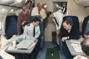 Conservatives Prints: President Reagan putting a golf ball around Air Force One while flying to Geneva Summit with Soviet Union's