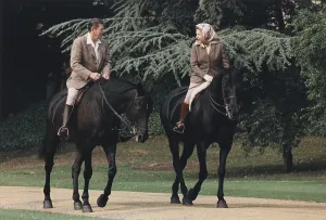 Monarchs Prints: President Reagan and Queen Elizabeth II Horseback Riding at Windsor Castle England