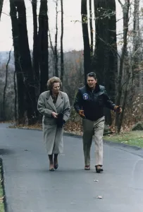1980s Prints: President Reagan walking with his British political ally Prime Minister Margaret Thatcher at Camp David