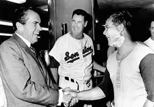 Locker Room Prints: President Richard Nixon greets Washington Senators Catcher Jim French after their win over the Brewers
