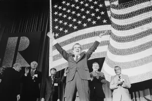 Speeches Prints: President Richard Nixon making his signature V gesture at National Association of Realtors convention in Washington D