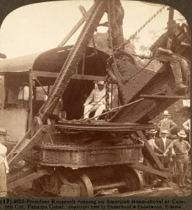 Machinery Prints: President Roosevelt running an American steam-shovel at Culebra Cut