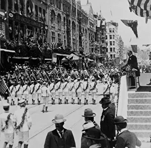 Platform Prints: President William McKinley on the reviewing stand at a parade in Los Angeles