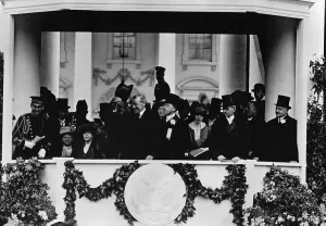 Formal Dress Prints: President Woodrow Wilson in Inaugural Parade reviewing stand at the White House