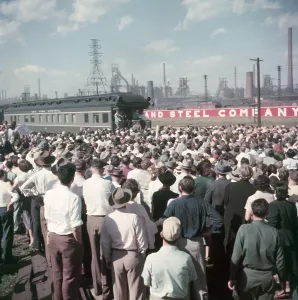 Trains Prints: Presidential candidate Dwight Eisenhower speaking to a crowd at a whistle-stop event near a Midwest steel mill