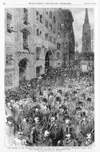Candidate Prints: Presidential election of 1888. A political procession passing down Wall Street--an avalanche of telegraphic tape