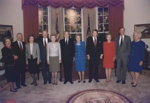 Images Dated 16th February 2011: Four presidents and five first ladies pose in an Oval Office replica at the Dedication of the Ronald Reagan