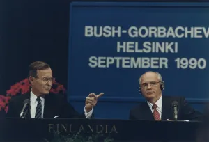 Finland Prints: Presidents George Bush and Mikhail Gorbachev hold a press conference at the Helsinki Summit Finland