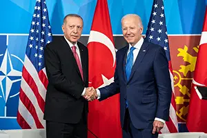 Madrid Prints: Presidents Joe Biden and Recep Tayyip Erdogan of Turkey shake hands at their bilateral meeting at the NATO Summit