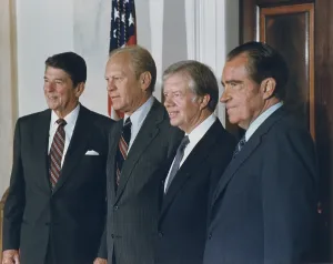 Ex Presidents Prints: Four Presidents Reagan Ford Carter and Nixon prior to leaving for Egypt and Sadat's funeral
