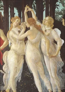 Primavera, by Sandro Filipepi Known as Botticelli, 1478 about, 15th Century, thick tempera on panel, cm 203 x 314 - Italy, Tuscany, Florence, Uffizi Gallery