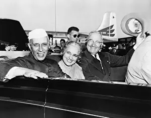 Lcgr1411 Prints: Prime Minister Jawaharlal Nehru of India and President Harry Truman in open car