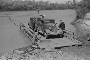 Alabama Prints: Primitive car ferry at African American community of Gee's Bend, Alabama, May 1939