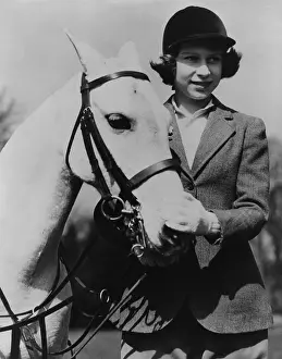 Birthday Prints: Princess Elizabeth with a white pony on her thirteenth birthday in 1939