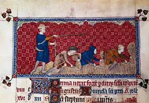 Psalterium of Queen Mary (1310-1320). Calendar: Fol. 78v belonging to August, depicting three men harvesting and a farmer directing them. Gothic art. Miniature Painting