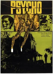 Hitchcock Prints: PSYCHO, l-r: Anthony Perkins, Alfred Hitchcock on Czechsolovakian poster art, 1960