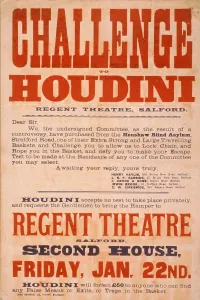 1900 09 Prints: Publicity poster with Harry Houdini's reply to a letter challenging Houdini to escape from one of their extra