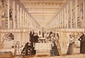 Courtier Prints: Queen Anne of Austria visiting the nursery in Hospital of Charity