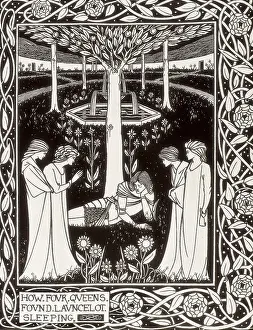 Garden Prints: The four Queens find Lancelot. Engraving from 'The Death of Arthur' by Sir Thomas Malory