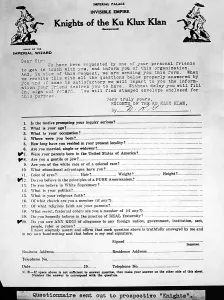 Civil Rights Prints: Questionnaire sent out to prospective members of the Ku Klux Klan