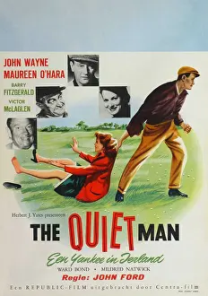 THE QUIET MAN, top l-r: Victor McLaglen, Barry Fitzgerald, John Wayne, Maureen O'Hara, bottom l-r: Maureen O'Hara, John Wayne on German poster art, 1952