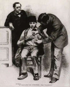 Sick Prints: Rabies (hydrophobia) vaccination administered to teenage Jean-Baptiste Jupille at the Pasteur laboratory