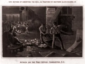Mail Prints: Raid on the Charleston post office by a mob of anti-abolitionist in July 1835